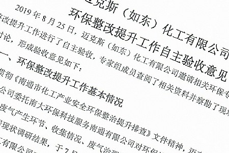 赢博（如东）化工有限公司环保整改提升工作自主验收意见